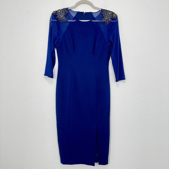 Adrianna Papell Dresses & Skirts - Adrianna Papell Dark Blue Size 2 Midi Sheath Dress Sheer Sleeves Rhinestone